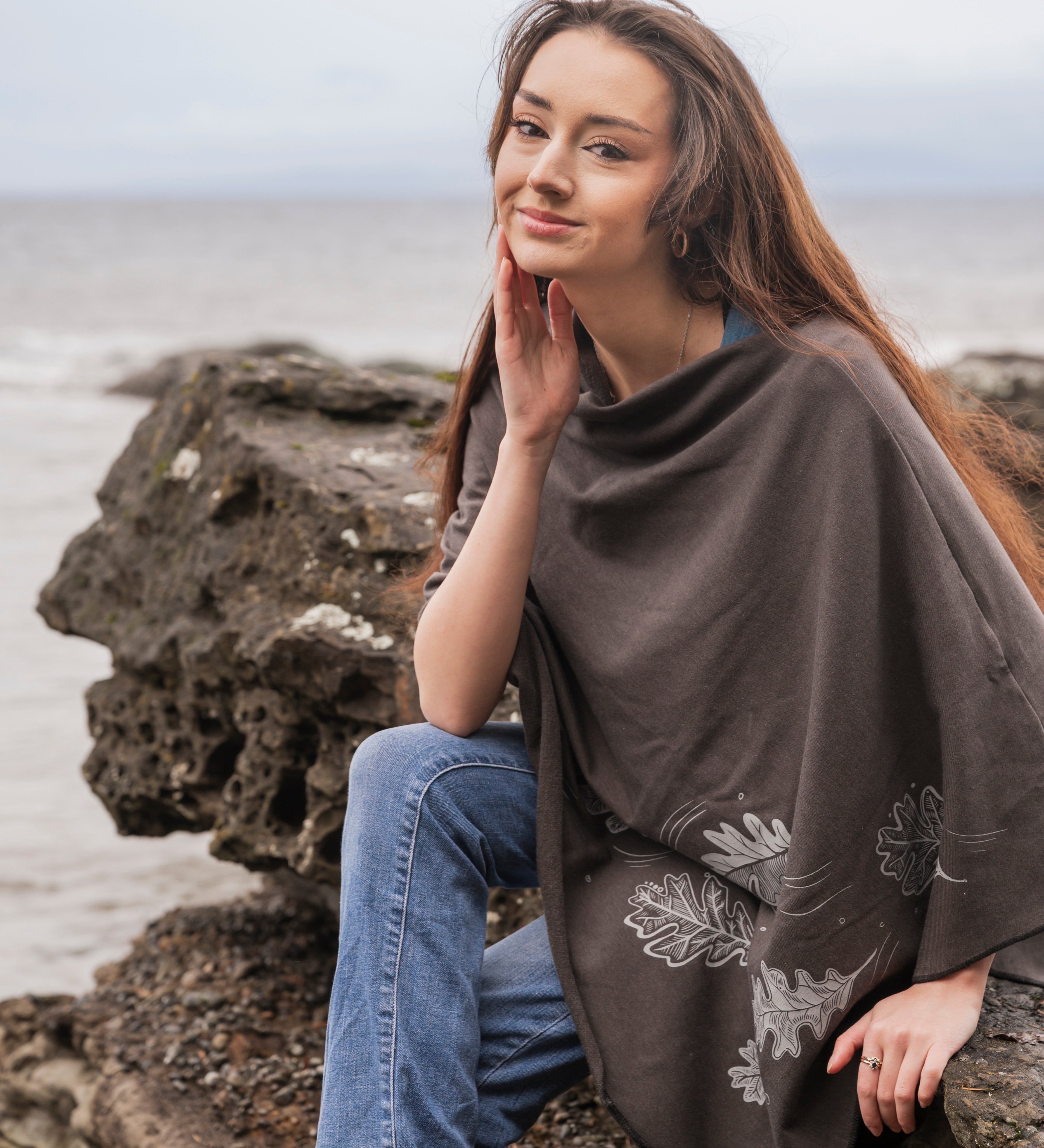 Charcoal Poncho with Oak Leaves Print