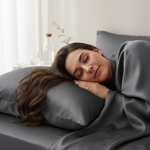 Woman sleeping on mulberry silk pillowcase - hair care and beauty sleep benefits