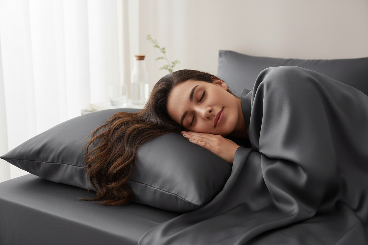 Woman sleeping on mulberry silk pillowcase - hair care and beauty sleep benefits