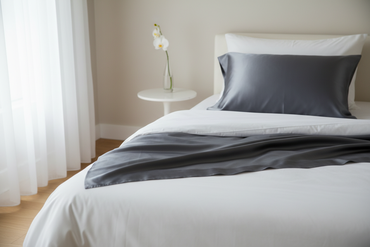 Dark grey 22 momme mulberry silk pillowcase on bed - premium luxury bedding